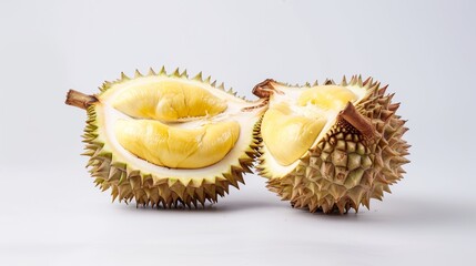 Fototapeta premium A Cut Open Durian: Spiky Exterior Split to Reveal Creamy, Pungent Flesh—Tropical King of Fruits Unveiling Its Rich, Aromatic Pulp in All Its Unique Glory