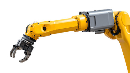 Industrial robotic arm with a mechanical gripper, isolated on a white background.