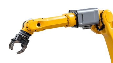 Industrial robotic arm with a mechanical gripper, isolated on a white background.
