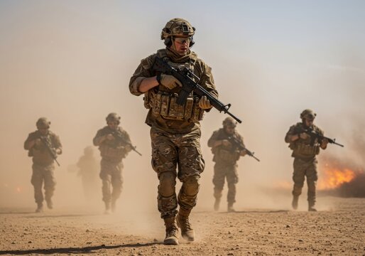 Male soldier walking forward with a rifle during a military operation, with teammates behind him. Battlefield concept.