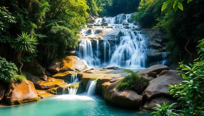 Turquoise cascading water of Kuang Si Falls in lush Lao jungle,   breathtaking,   beautiful
