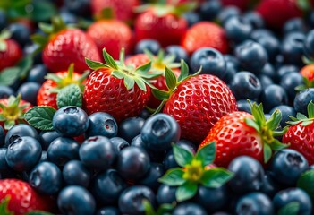 Obraz premium Vibrant panoramic view of fresh strawberries and blueberries , summer, healthy
