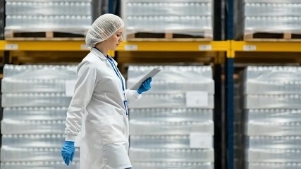 A female scientist in a white lab coat and blue gloves, wearing a hairnet, inspects data on a tablet in a warehouse filled with stacked products - Powered by Adobe