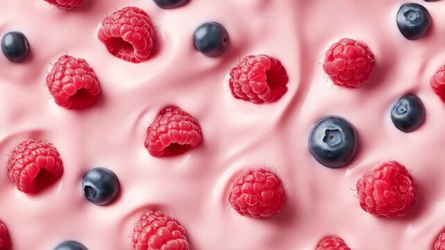 Bright raspberries and blueberries are scattered across a smooth pink yogurt surface, creating a colorful and appetizing arrangement