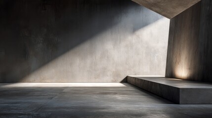 A minimalist contemporary interior with clean lines and neutral tones, featuring a concrete wall and floor,