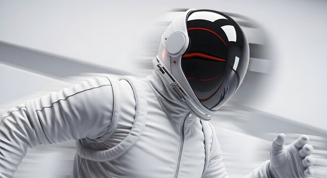 A futuristic astronaut in a sleek white spacesuit and helmet running against a motion-blurred background. - Powered by Adobe
