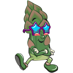 cute asparagus cartoon mascot character vector illustration wearing stars shaped beach sunglasses, work of hand drawn