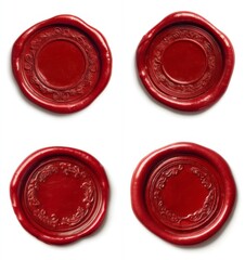 Four red wax seals with decorative embossed edges and blank centers isolated on white background. For certificate production, document or letter and design projects. Realistic illustration.