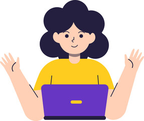 A smiling woman with dark curly hair, wearing a yellow shirt, sits with her arms raised and a purple laptop in front of her, appearing engaged and happy.
