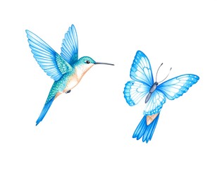 Fototapeta premium Two vibrant, blue hummingbirds and butterflies, digitally painted