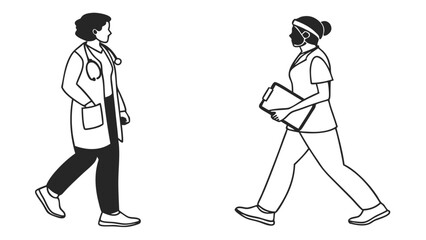 Doctor and nurse walking in hospital hallway providing healthcare and medical service, illustration style vector design showing teamwork and dedication