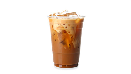 Refreshing Iced Coffee in Plastic Cup; Studio Shot, White Background, Cool Summer Beverage.
