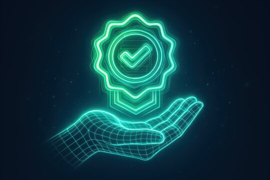 Digital Assurance: A cutting-edge, digital representation of a hand cradling a neon-lit, glowing seal of approval, representing reliability, quality, and precision.
