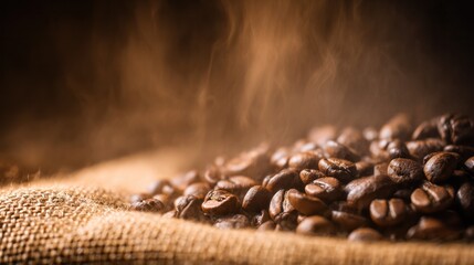 Close-up of freshly roasted coffee beans on burlap sack, warm and textured.