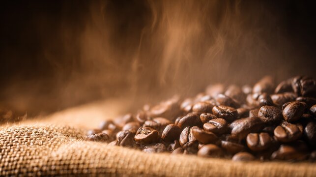 Close-up of freshly roasted coffee beans on burlap sack, warm and textured.