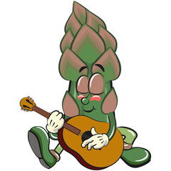 Naklejka premium cute asparagus cartoon mascot character vector illustration playing guitar, work of hand drawn