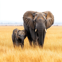 Fototapeta premium Elephant and baby in tall grass.