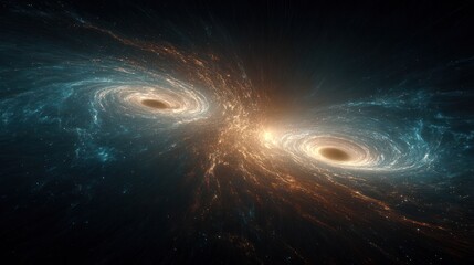Supermassive black holes spiraling together, emitting radiant energy across interstellar space.