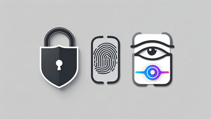 Digital security icons including a padlock fingerprint and eye scanner