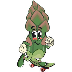cute asparagus cartoon mascot character vector illustration playing skateboard, work of hand drawn