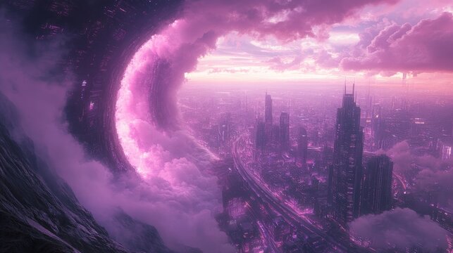 Neon dreams converge: A breathtaking cyberpunk cityscape at twilight, illuminated by the ethereal radiance of a colossal curved mega-structure piercing through vibrant purple and pink clouds.