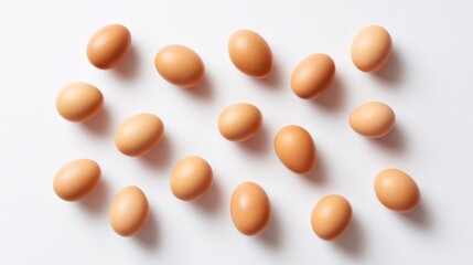 Neatly arranged organic chicken eggs on white table, symbolizing nutrition and purity.