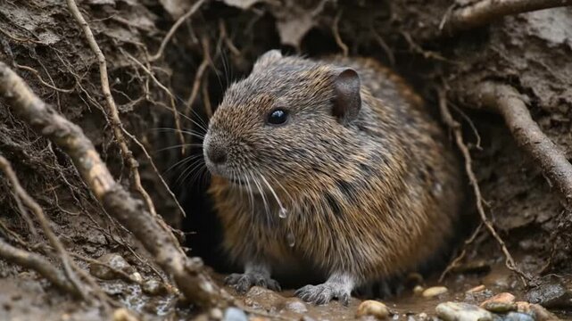 A vole peers from its burrow amid roots and damp earth