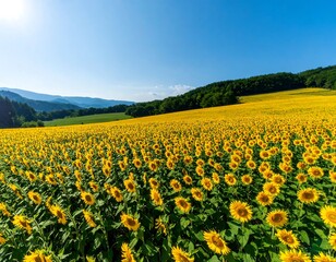 Vast sunflower field stretches under a vibrant blue sky