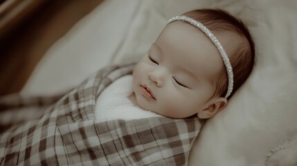 A baby is sleeping in a blanket with a white headband. The baby is wearing a white shirt and a gray blanket