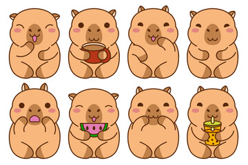 Cute cartoon capybara with bubble tea, watermelon, cup of coffee set. Happy kawaii Capibara sticker clipart animal illustration. Wombat kapibara. Stock vector illustration isolated on white background