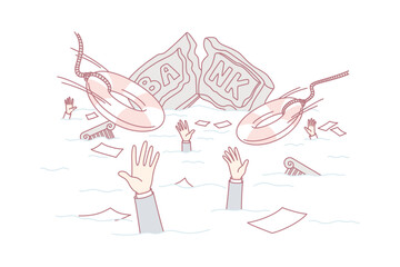 Bank building and employees drowning in water after financial crisis. Concept of finance instability and bankruptcy. Flat vector illustration.
