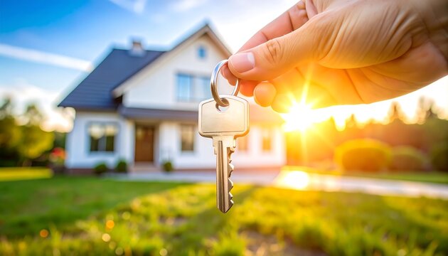 A hand holding house keys in front of a charming suburban home bathed in golden sunlight.