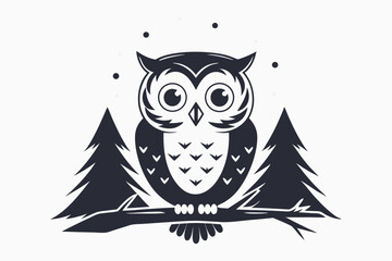 Forest Owl Icon Silhouette Perched on Branch with Christmas Trees on White