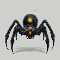 A detailed illustration of a black robotic spider with glowing orange eyes on a light gray background