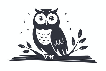 Cute owl perched on branch flat on white background