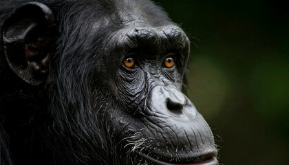Close-up Portrait of a Chimpanzee with Intense Amber Eyes and Dark Fur