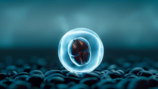 Coffee Bean with Pulsing Blue Energy Sphere and Gentle Spin