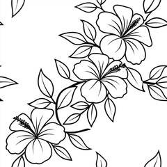 Black and white hibiscus flowers and leaves pattern on white background floral