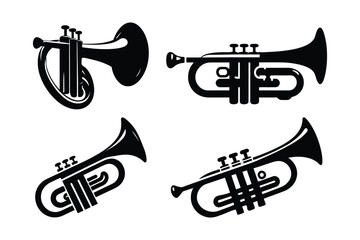 Black Silhouette trumpet Set Isolated on White Background, Vector Illustration black and white Trumpet Musical Instrument Set.