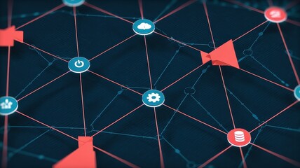 Illustrating interconnected digital network nodes with abstract geometric shapes and futuristic technology icons representing data flow and communication
