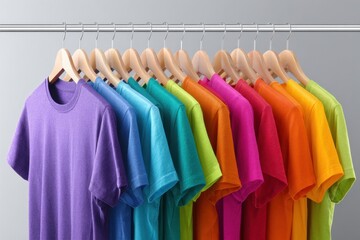 Obraz premium Colorful collection of t-shirts hanging on wooden hangers, showcasing vibrant hues of purple, blue, green, pink, orange, and yellow, ideal for fashion and retail displays