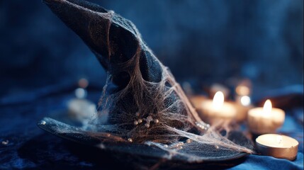 Black witch hat with silver cobwebs on velvet cloth, candlelight illuminating midnight Halloween scene