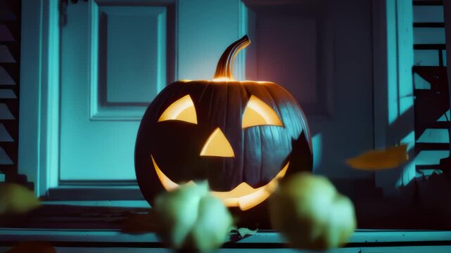 Porch at Night with Flickering Jack-o'-Lantern and Skittering Leaves