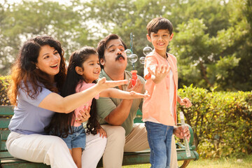 Happy Family Having Fun Blowing Bubbles At Park