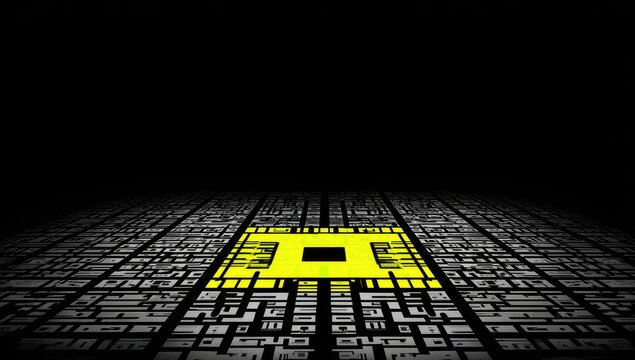 Abstract image of a yellow processor chip on a dark gray grid