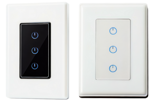 Modern black and white smart home touch light switches isolated with transparent background