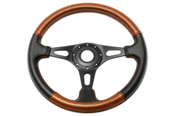 Retro sports car steering wheel with brown and black leather isolated with transparent background