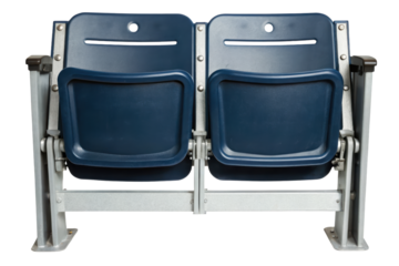 Two blue plastic folding stadium seats on a metal frame isolated with transparent background