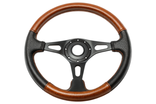 Retro sports car steering wheel with brown and black leather isolated with transparent background