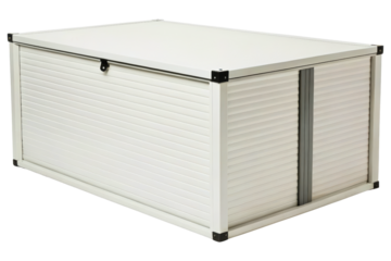 White outdoor storage container with a roll shutter door isolated with transparent background